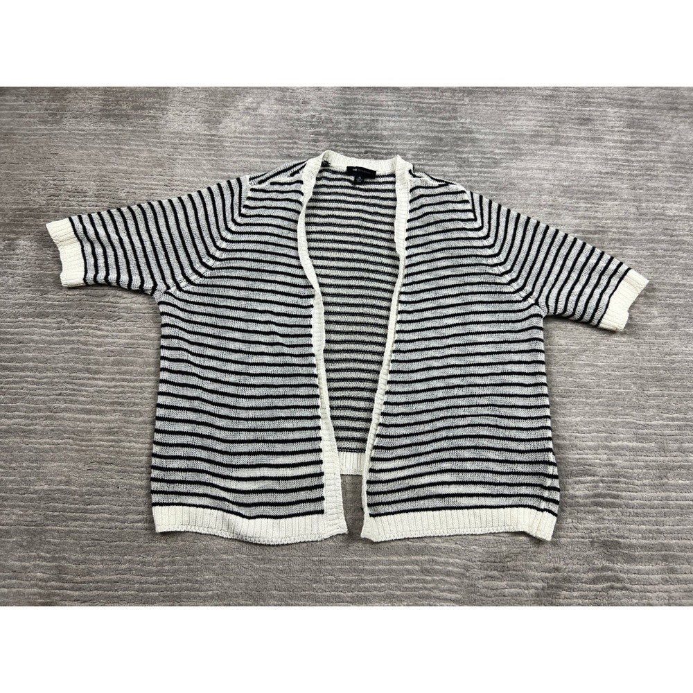 AB Studio Cardigan Womens XL White Black Striped Open Front Short Sleeve Knit
